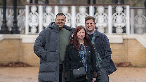 Vikas, Sorcha and JK stood in front of the Southwark Park bandstand